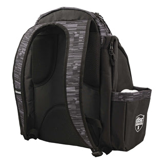 Back view of a grey and black Discmania Fanatic Sky disc golf backpack.