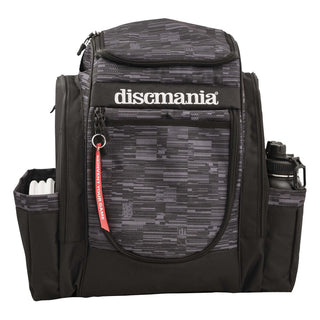 Front view of a closed grey and black Discmania Fanatic Sky disc golf backpack.