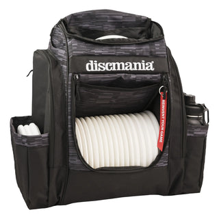 Front view of an open grey and black Discmania Fanatic Sky disc golf backpack.