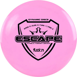 A pink Dynamic Discs Fuzion Escape disc golf fairway driver.