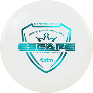 A white Dynamic Discs Fuzion Escape disc golf fairway driver.