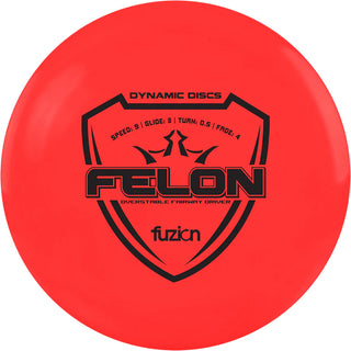 A red Dynamic Discs Fuzion Felon disc golf fairway driver.