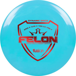A turquoise Dynamic Discs Fuzion Felon disc golf fairway driver.