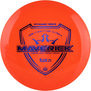 An orange Dynamic Discs Fuzion Maverick disc golf fairway driver.