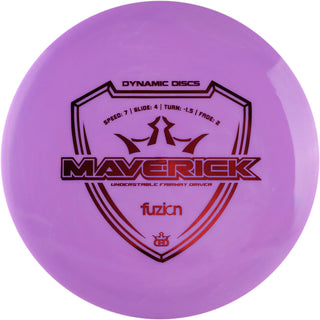 A purple Dynamic Discs Fuzion Maverick disc golf fairway driver.