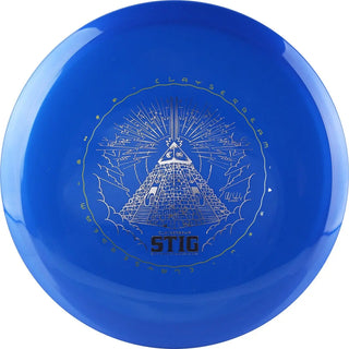 A blue K1 hard Stig disc golf disc with a pyramid graphic stamped. It's a Clay Edwards Tour Series edition.