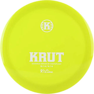 A yellow K1 Krut disc golf disc.