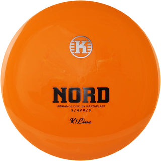 An orange K1 Nord disc golf disc.