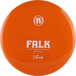 An orange K1 Soft Falk disc golf disc.
