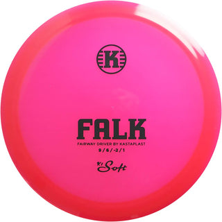 A pink K1 Soft Falk disc golf disc.