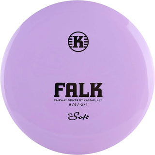 A purple K1 Soft Falk disc golf disc.
