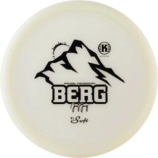 A white K1 Soft Glow Berg disc golf putter. Joseph Berg tour series edition.