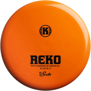 An orange K1 Soft Reko disc golf putter.