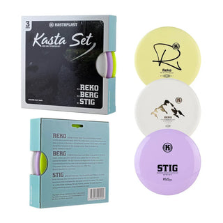Front and back view of a Kasta disc golf set box and all three discs included - The Reko, Berg and Stig disc golf discs.