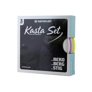 Front view of the Kasta disc golf set box.