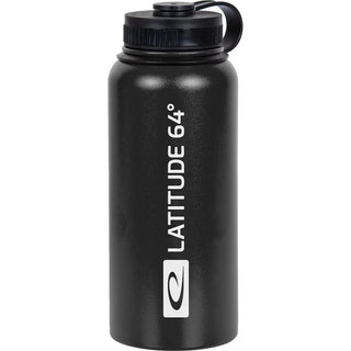 A black Latitude 64 Stainless Steel water bottle stamped with a white Latitude 64 logo on it.