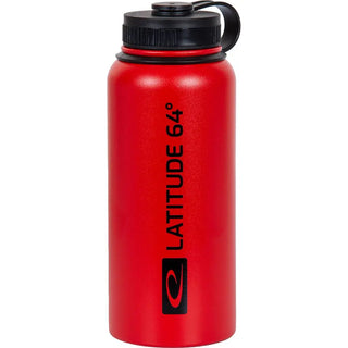 A red Latitude 64 Stainless Steel water bottle stamped with a black Latitude 64 logo on it.