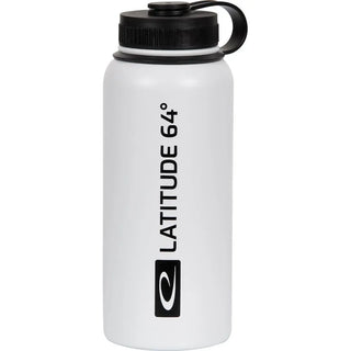 A white Latitude 64 Stainless Steel water bottle stamped with a black Latitude 64 logo on it.