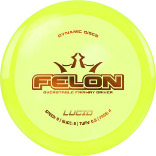 A yellow Lucid Felon disc golf disc.