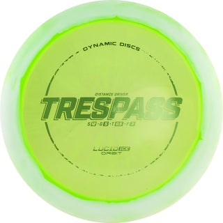 A green and white Lucid Ice Orbit Trespass disc golf disc.