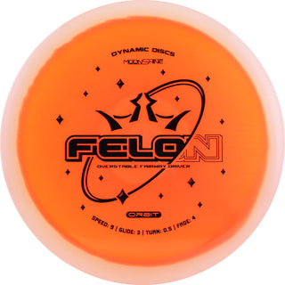 An orange and white Lucid Moonshine Orbit Felon disc golf disc made in luminescent plastic.