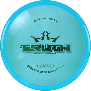 A turquoise Lucid Truth disc golf disc.