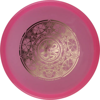 A pink Lucid-X Culprit disc golf disc made in luminescent plastic.