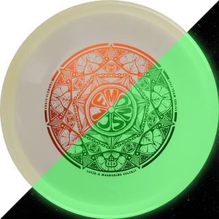 A white Lucid-X Moonshine Culprit disc golf disc made in luminescent plastic.