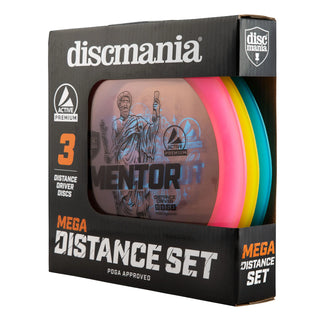 Front view of a Discmania Mega Distance Disc Golf set box.