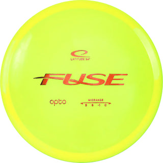A yellow Opto Fuse disc golf disc.