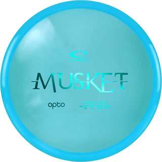 A turquoise Opto Musket disc golf disc.