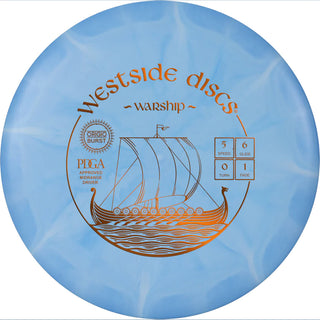 A blue and white Origio Burst Warship disc golf disc.
