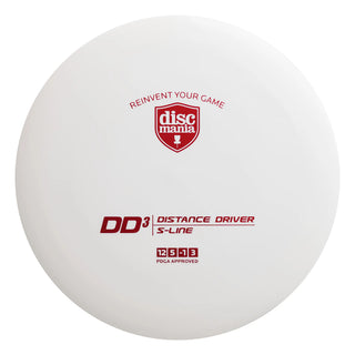 A white S-Line DD3 disc golf distance driver.