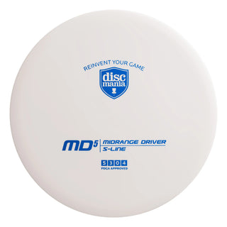 A white S-Line MD5 disc golf midrange.