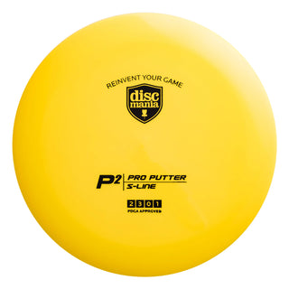 A yellow S-Line P2 disc golf putter.