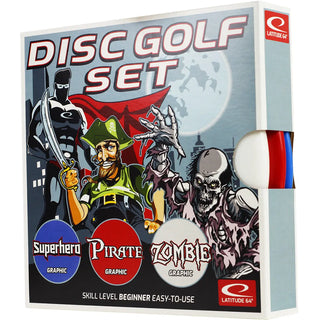 Front view of the Latitude 64 SPZ disc golf set box. The graphic on the box depicts a superhero, a pirate and a zombie.