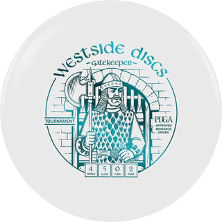 A white Tournament Gatekeeper disc golf disc.