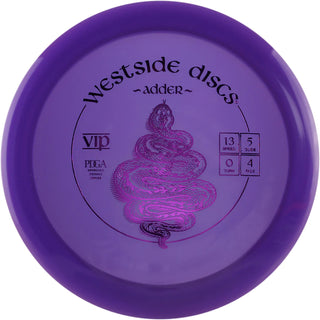 A purple VIP Adder disc golf disc.