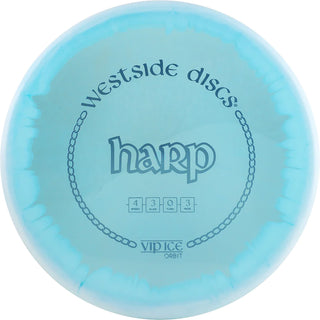 A turquoise and white VIP Ice Orbit Harp disc golf disc.
