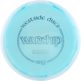 A turquoise and white VIP Ice Orbit Warship disc golf disc.