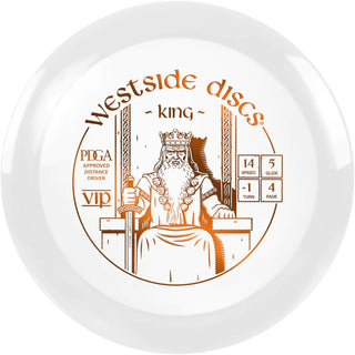 A white VIP King disc golf disc.