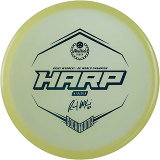 A white VIP Moonshine Harp disc golf disc in luminescent plastic.