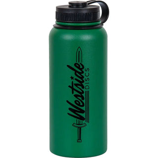 A green Westside Discs Stainless Steel water bottle stamped with a black Westside Discs logo on it.