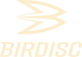 Vertical birdisc logo in beige with transparent background.