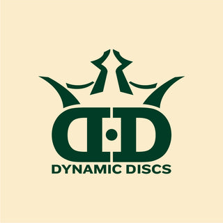 Dynamic discs logo in green on a beige background.