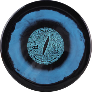 A black and blue Fuzion Ice Raptor Eye Sockibomb Slammer disc golf disc.