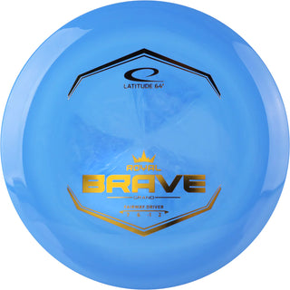 A blue Grand Brave disc golf disc.