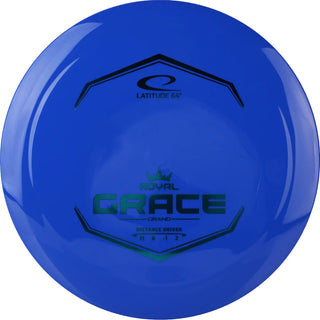 A blue Grand Grace disc golf disc.