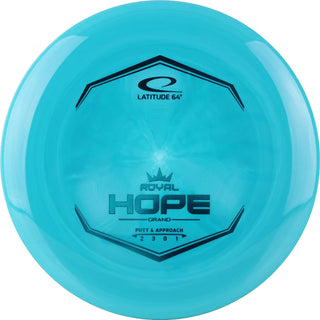 A turquoise Grand Hope disc golf disc.