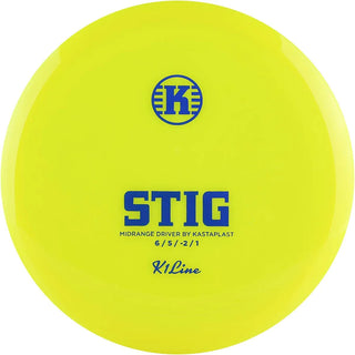 A yellow K1 Stig disc golf disc.